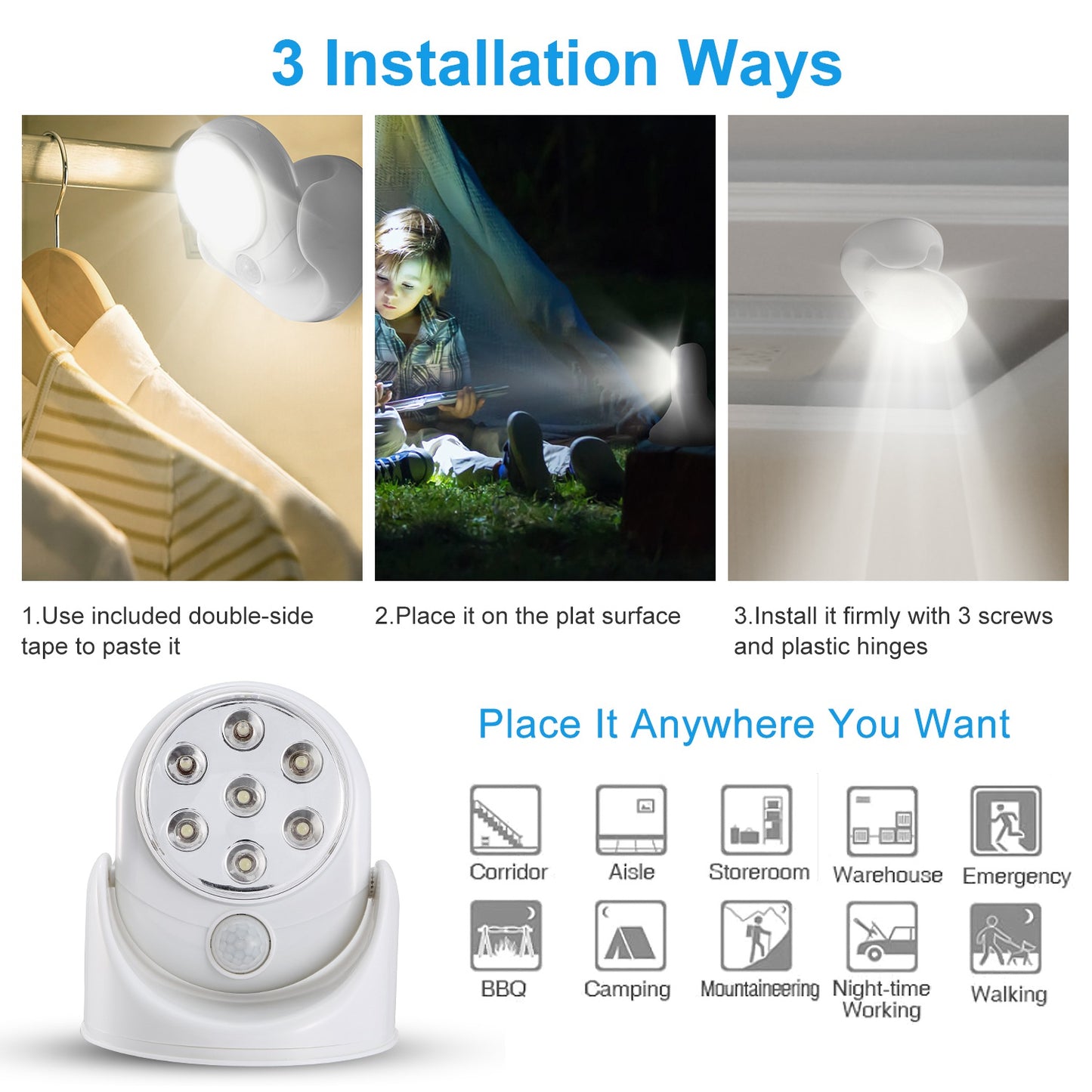 Wireless LED Night Light with Motion Sensor 360° Rotatable, Battery Operated for Closet Bathroom
