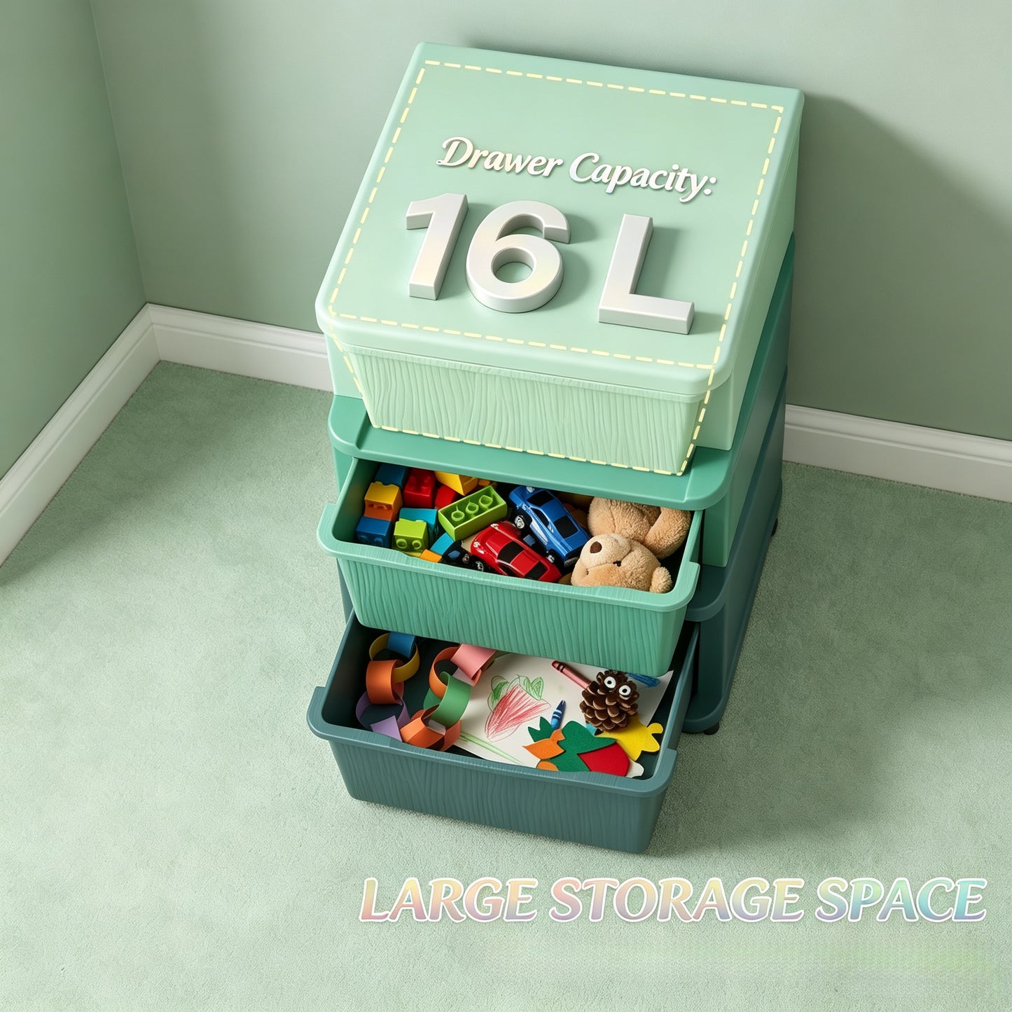 Multi-Tier Toy Storage Tower - Child-Friendly Green Organizer