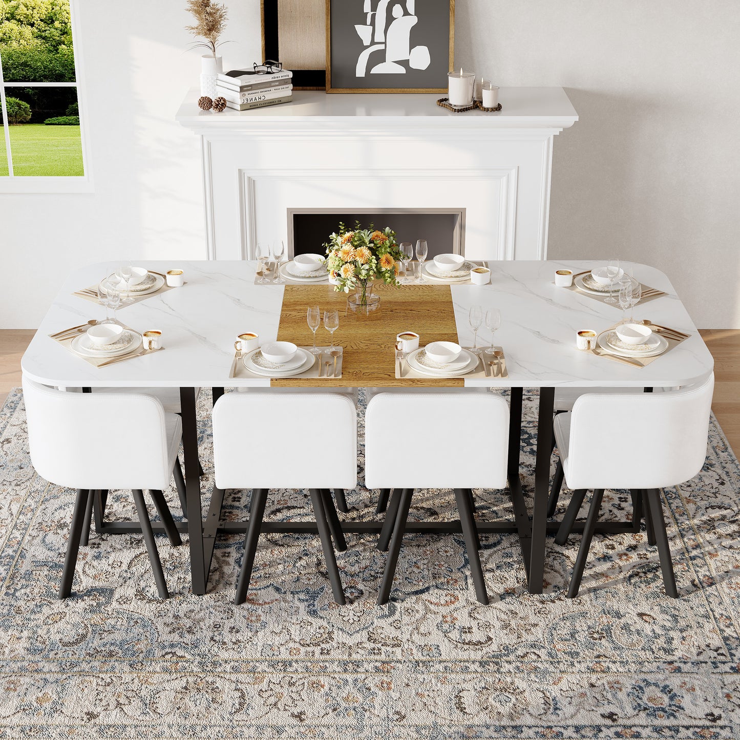9-Piece Square Dining Table Set with White Faux Leather Chairs