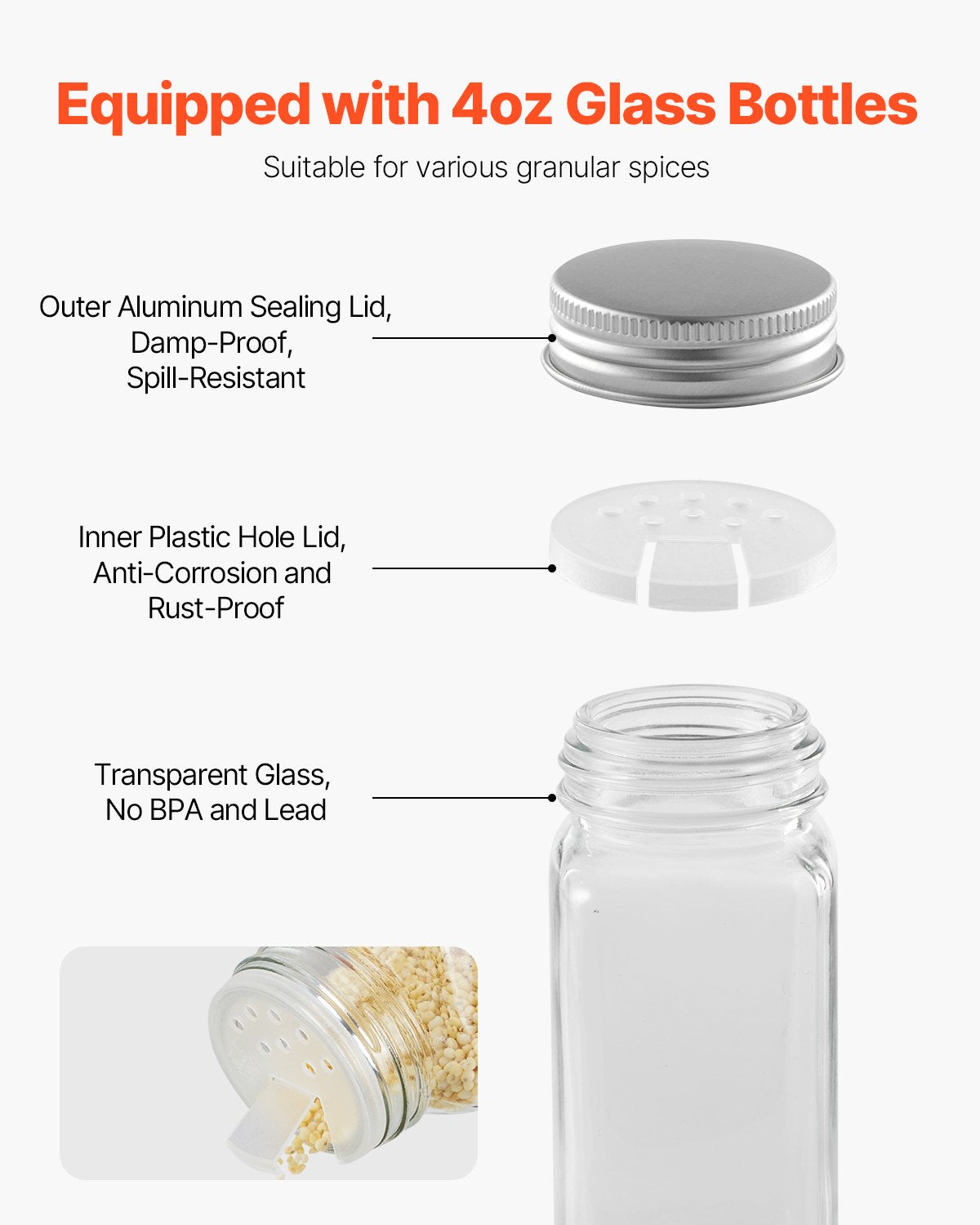 Spice Rack Organizer with 72 Glass Jars - Wall Mounted Storage Set