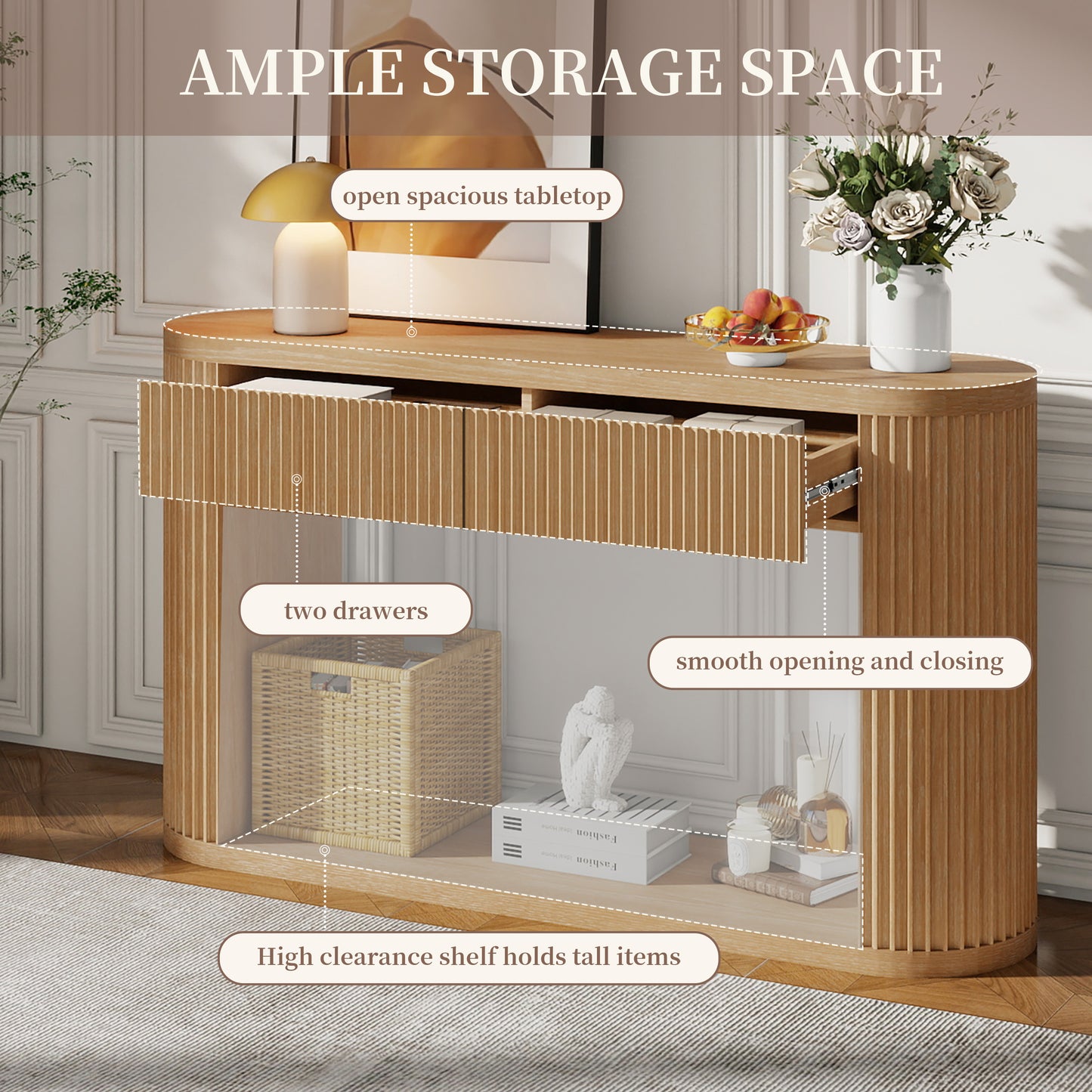 Oval Fluted Console Table with 2 Drawers & Bottom Shelf - Natural