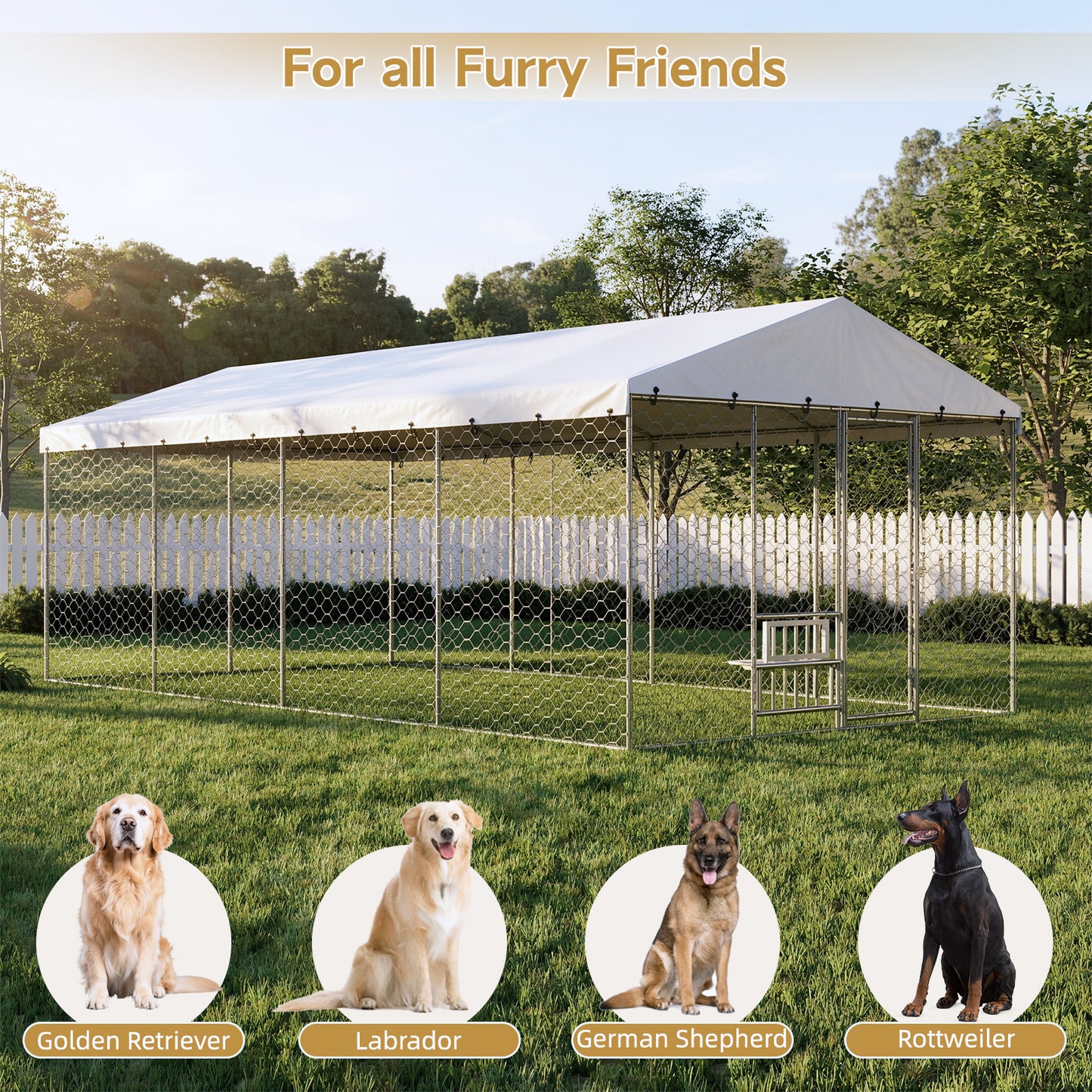 Large Outdoor Dog Kennel with Canopy - Heavy Duty Galvanized Steel Frame, Waterproof Cover, Elevated Feeders, Escape-Proof Lock - 20x10 ft