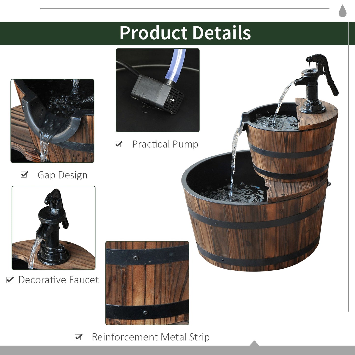 Wooden 2-Tier Fountain with Electric Pump for Garden Decor Backyard