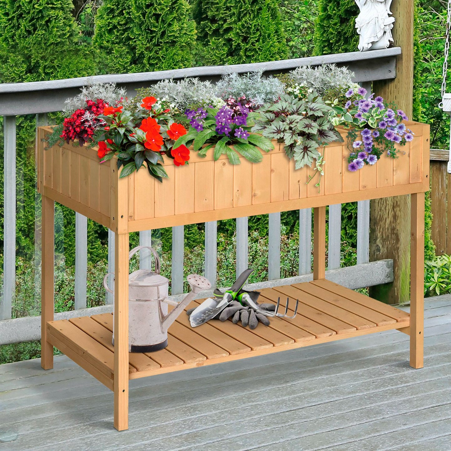 Raised Garden Bed with 8 Plant Pockets & Shelf - Wooden Elevated Planter Box for Herbs Vegetables Flowers