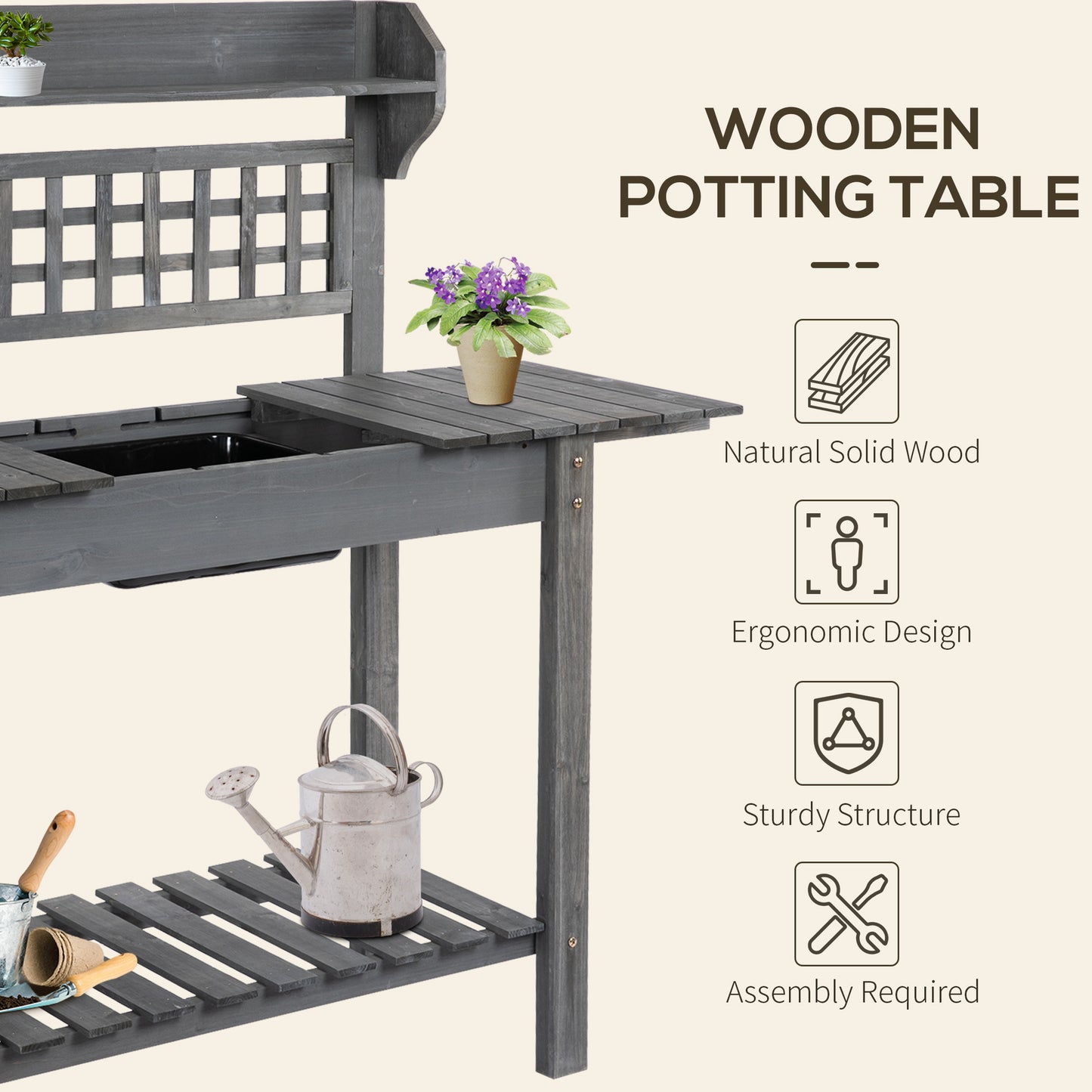 Wooden Garden Potting Bench Work Table with Hidden Storage and Sliding Top - Gray