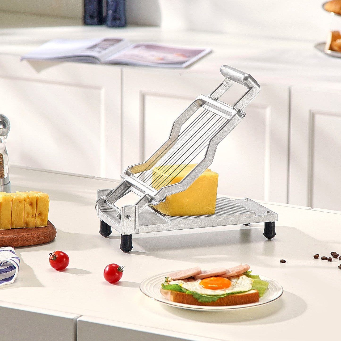Cheese Slicer with Wire - Adjustable Thickness Cheese Cutter in Silver