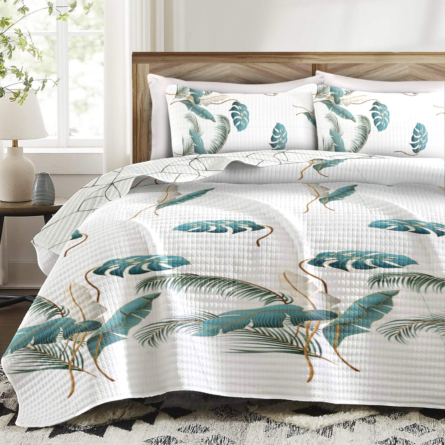 Tropical Palm Leaf Quilt Set with 6 Curtains - Teal Botanical Decor