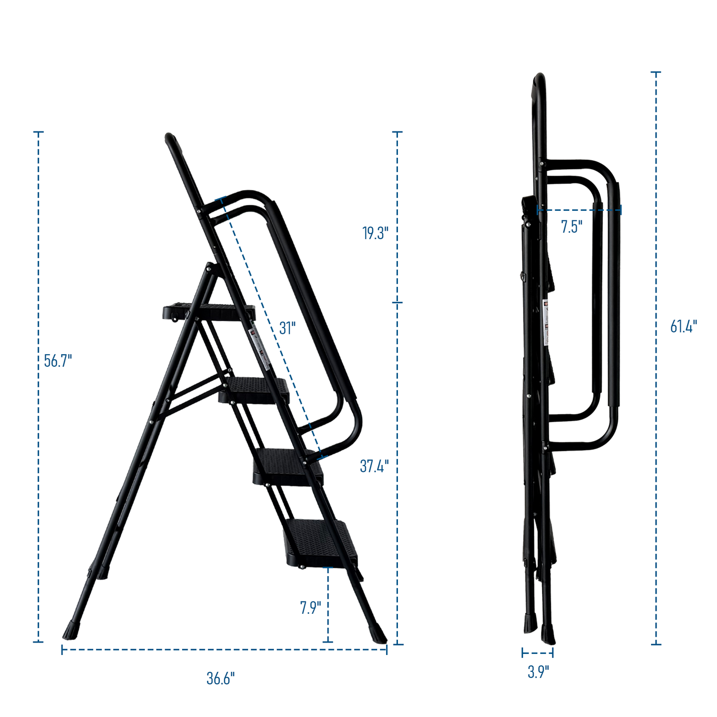 4 Step Folding Ladder Stool with Anti-Slip Pedals - Black