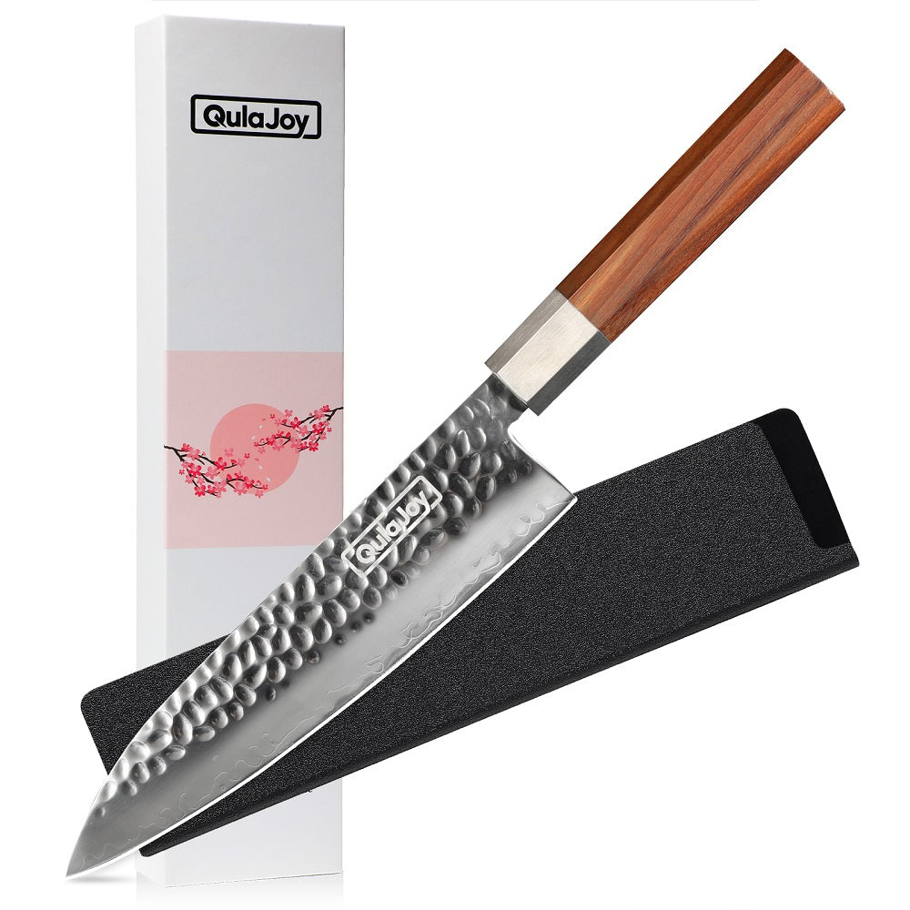 Japanese Nakiri Knife - 7-Inch Hammered Steel Blade with Olivewood Handle