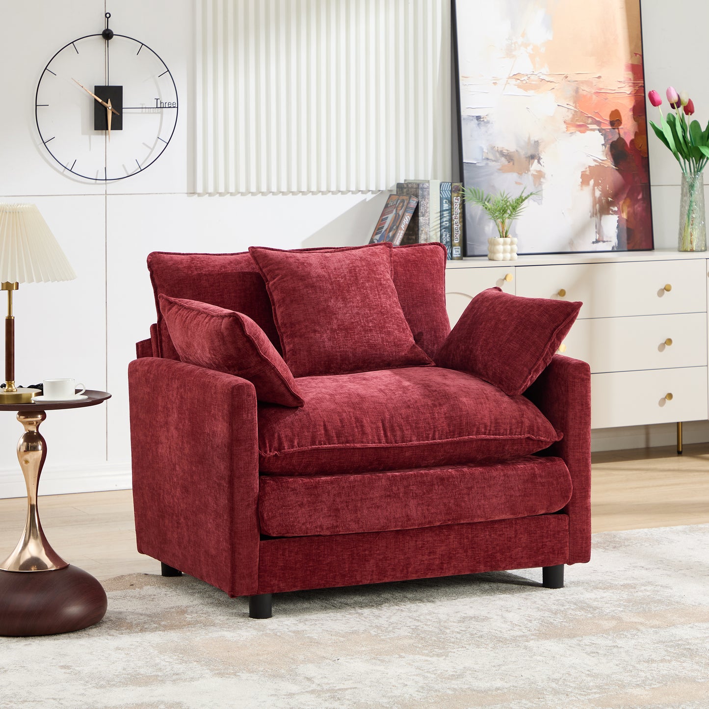 Modern Accent Chair with Ottoman - Wine Red Chenille Upholstery