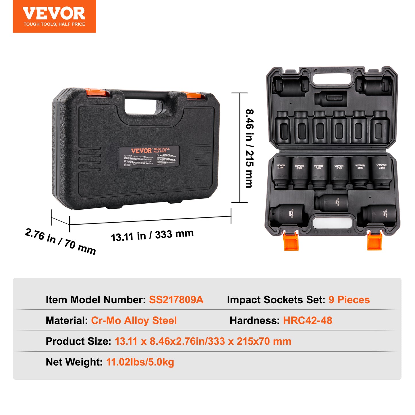 Impact Socket Set 9-Piece Deep Metric 29-38mm Cr-Mo Steel Auto Repair Tools