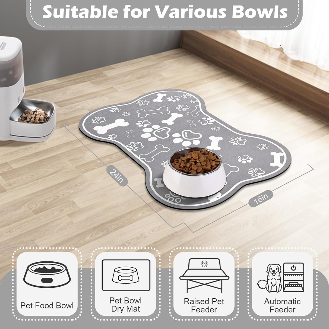Pet Feeding Mat with Non-Slip Rubber Backing, Super Absorbent Dog & Cat Water Bowl Pad - Grey