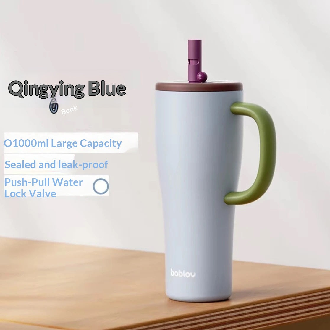 Large Capacity Insulated Stainless Steel Mug with Straw - 1000ML