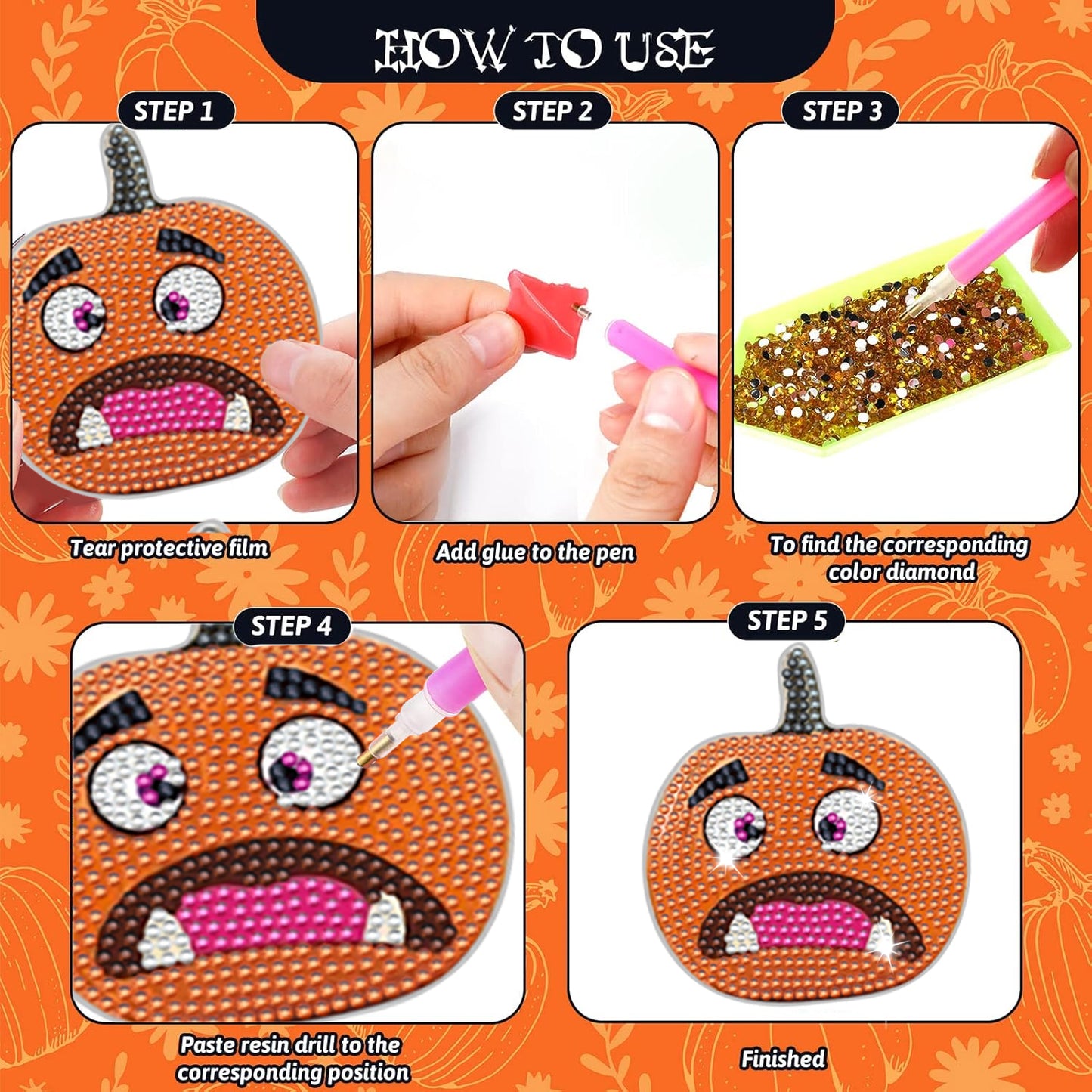 Halloween Pumpkin Rhinestone Coasters - 8 Pack
