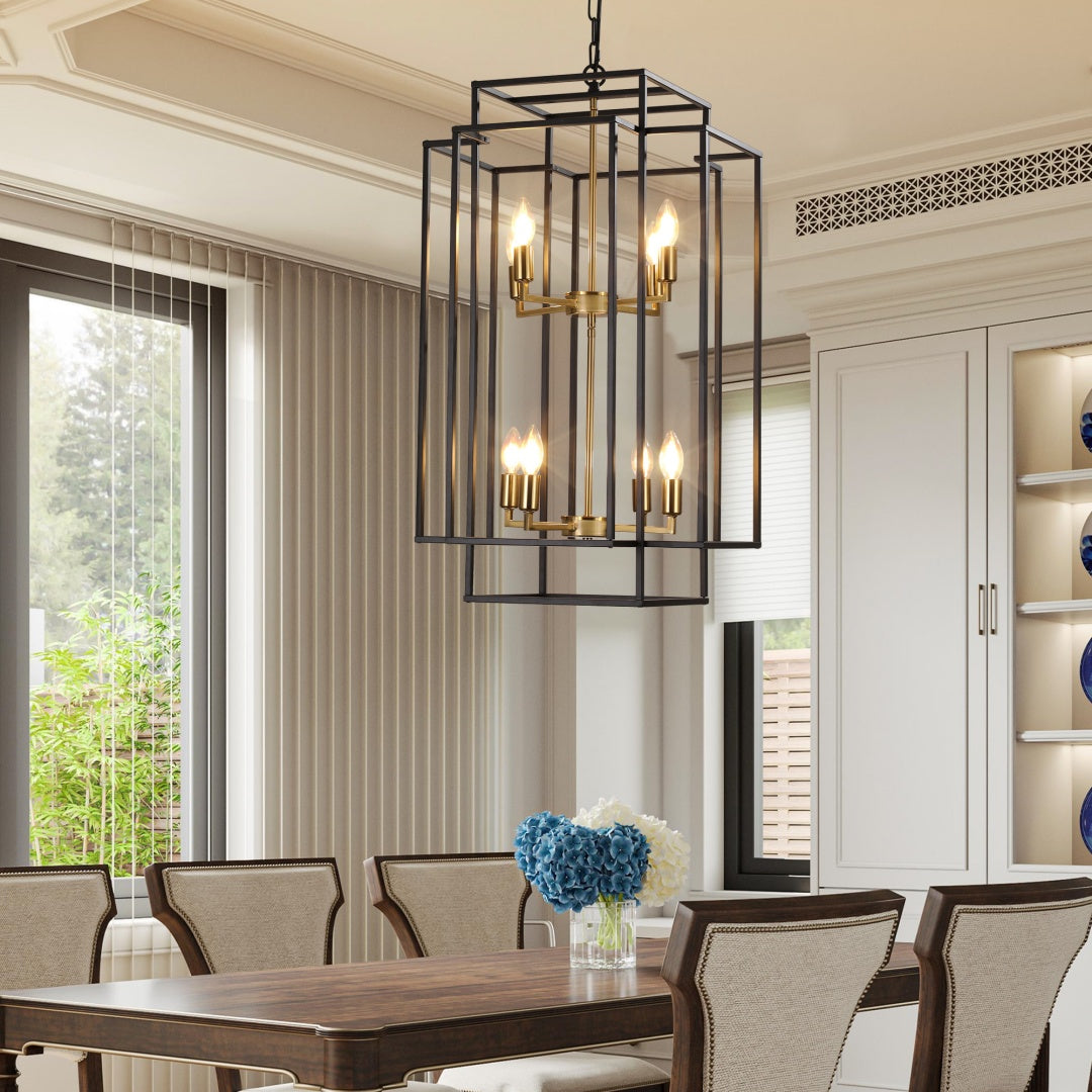 Modern 8-Light Black Gold Geometric Pendant Chandelier