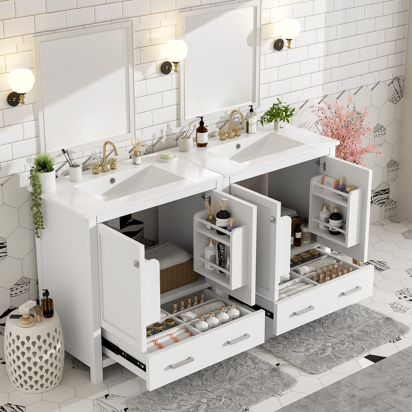 60" White Bathroom Vanity Set with Double Ceramic Sinks & Storage