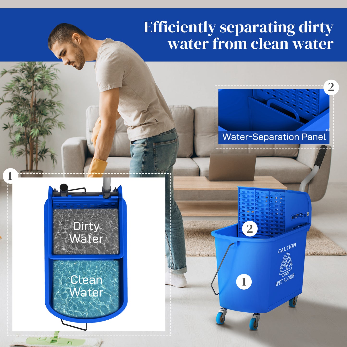 Blue 21 Quart Mop Bucket with Wringer & Water Separation for Floor Cleaning