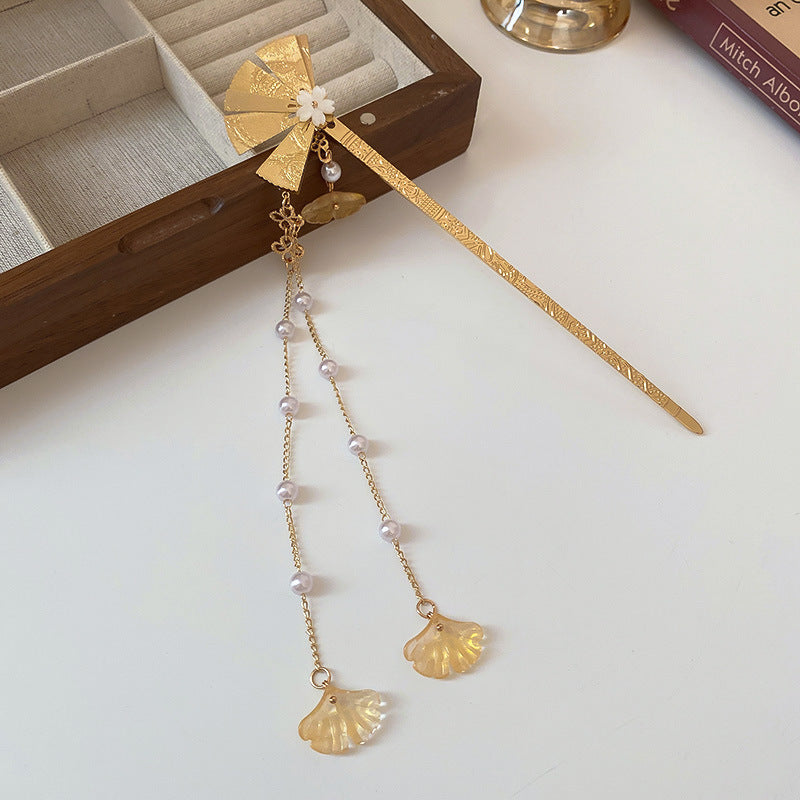 Pearl Inlaid Fan-Shaped Hairpin - Gold