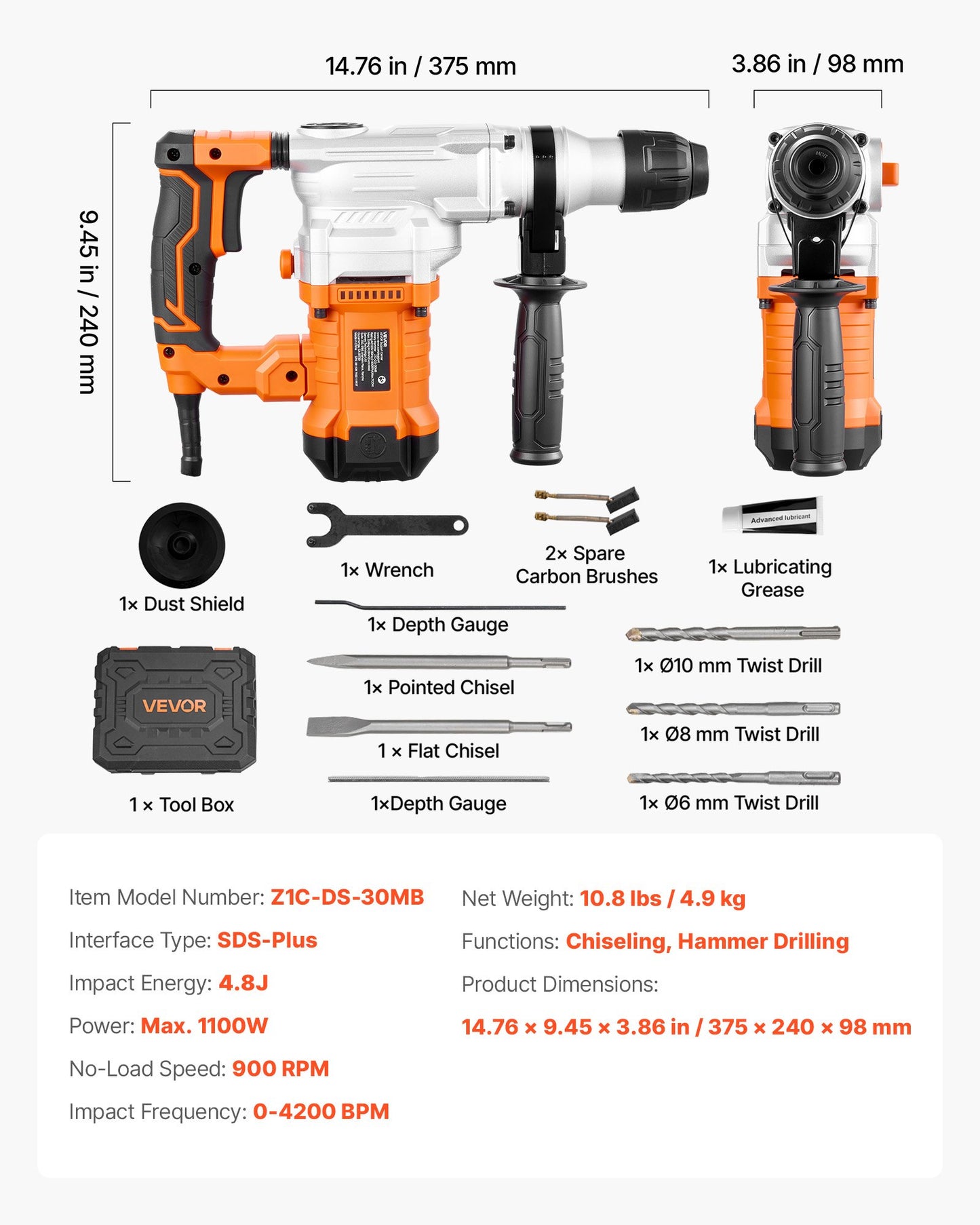 Heavy Duty Rotary Hammer Drill 1-1/8 Inch SDS-Plus with Bits & Chisels - Black