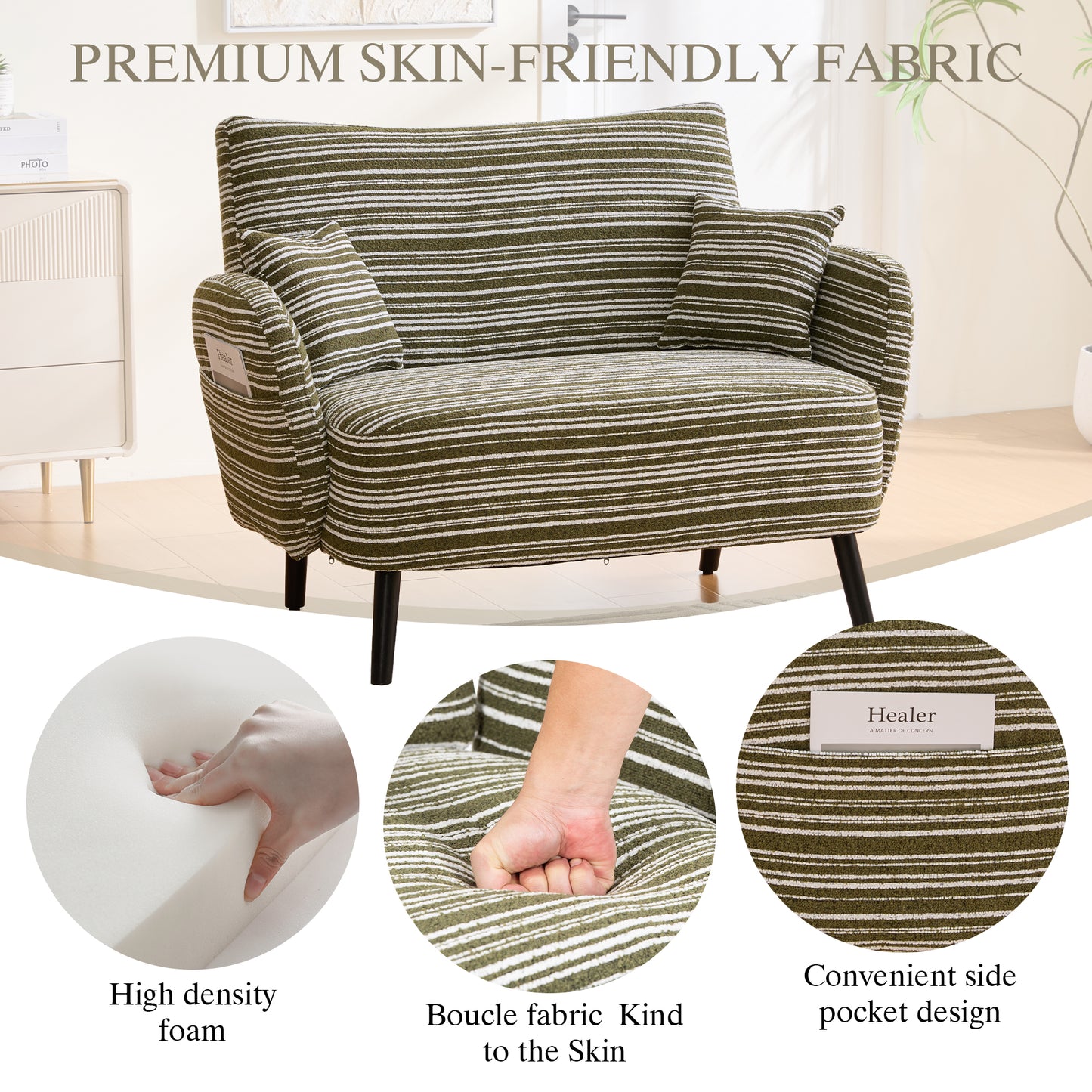 Modern Olive Green Two-Seater Sofa with Armrest Pillows & Storage