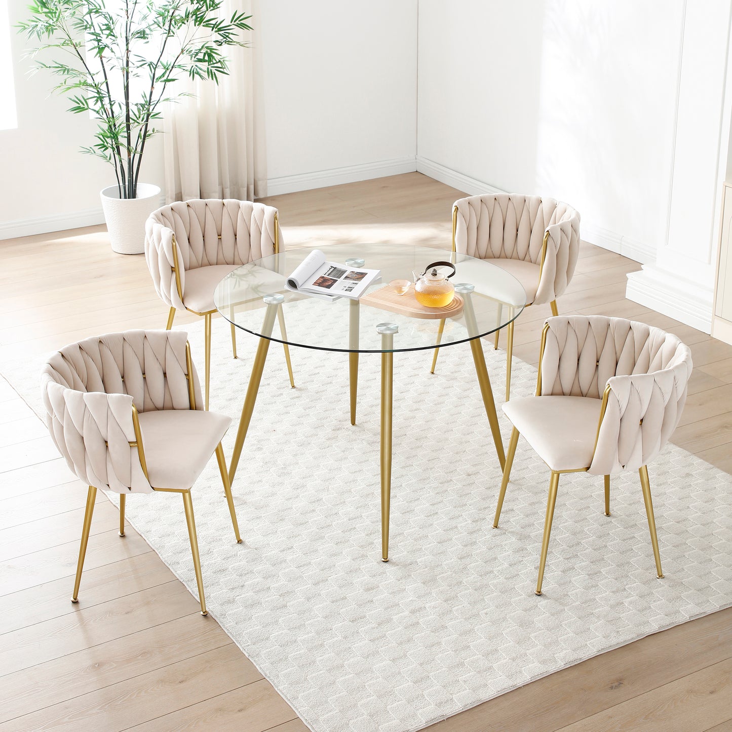 Set of 2 Modern Velvet Dining Chairs - Beige with Gold Legs