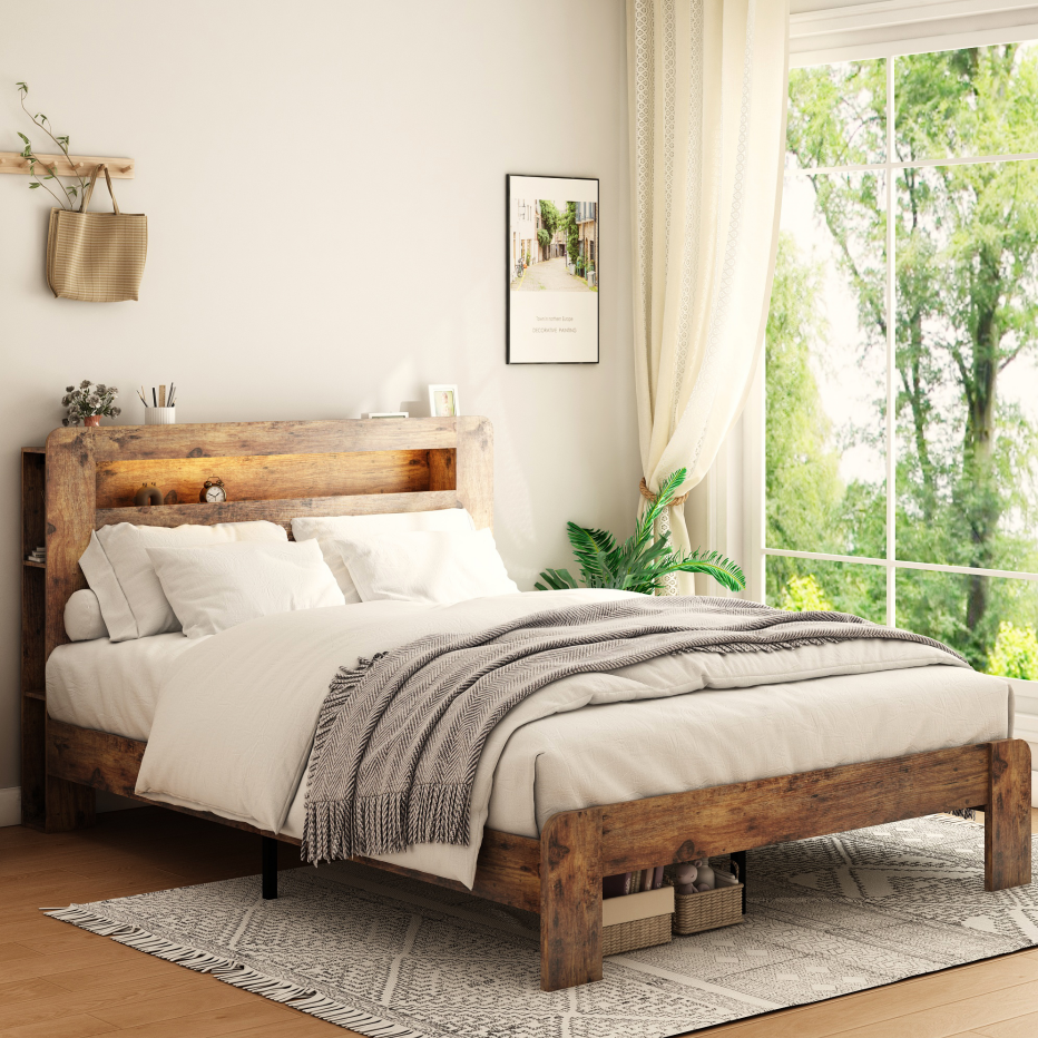 Wood Bed Frame with LED Headboard, USB Ports & Underbed Storage