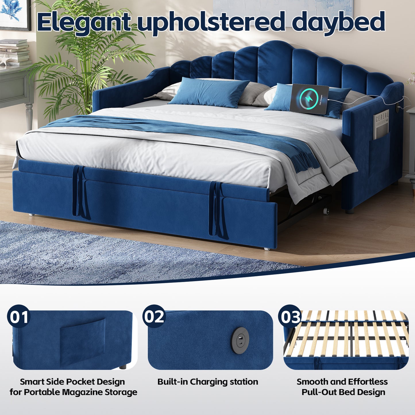 Upholstered Twin Size Daybed With Adjustable Height Pop Up Trundle