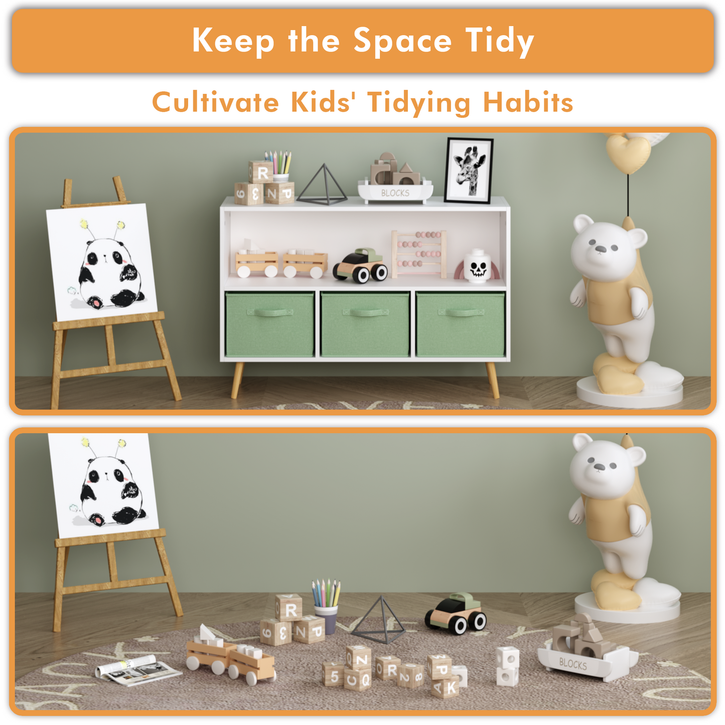 Kids Bookcase with Collapsible Fabric Drawers - White & Green