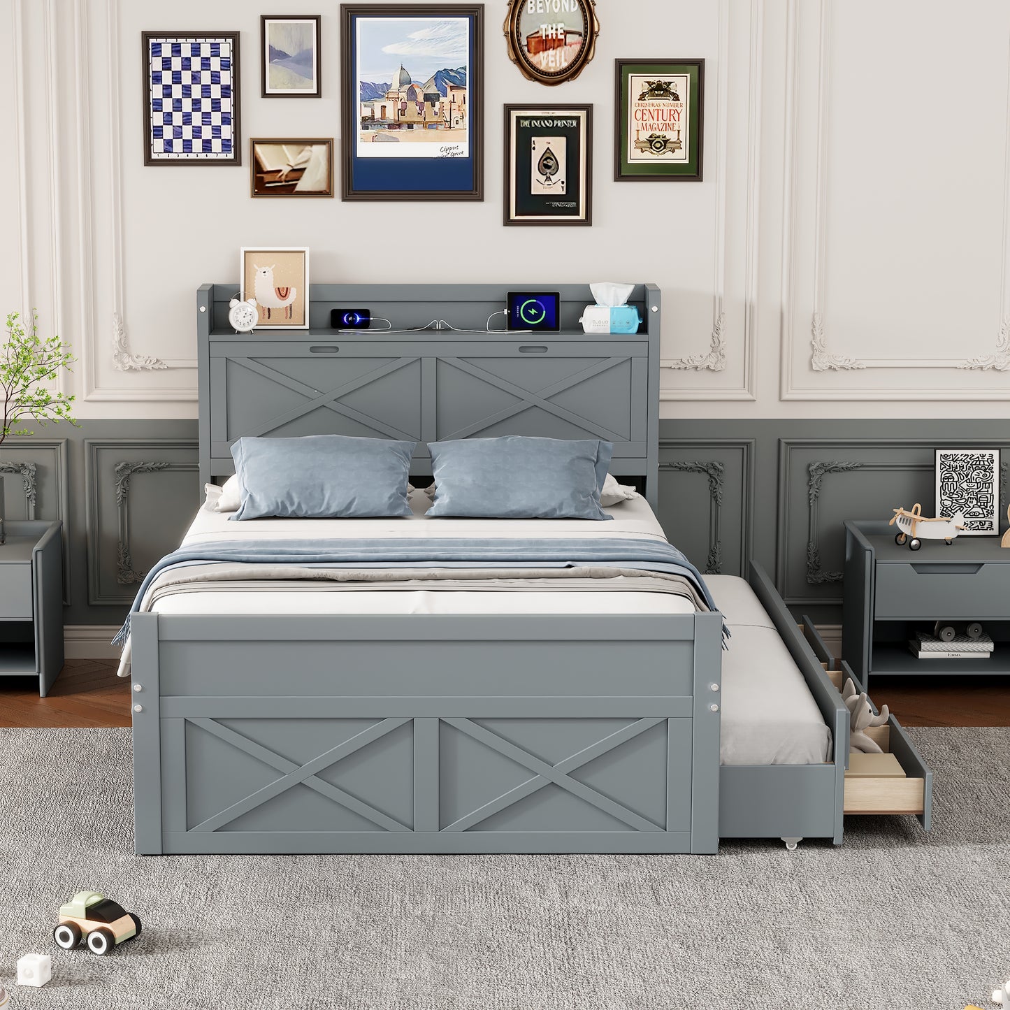Full Size Wooden Bed with Storage Headboard & Trundle - Gray