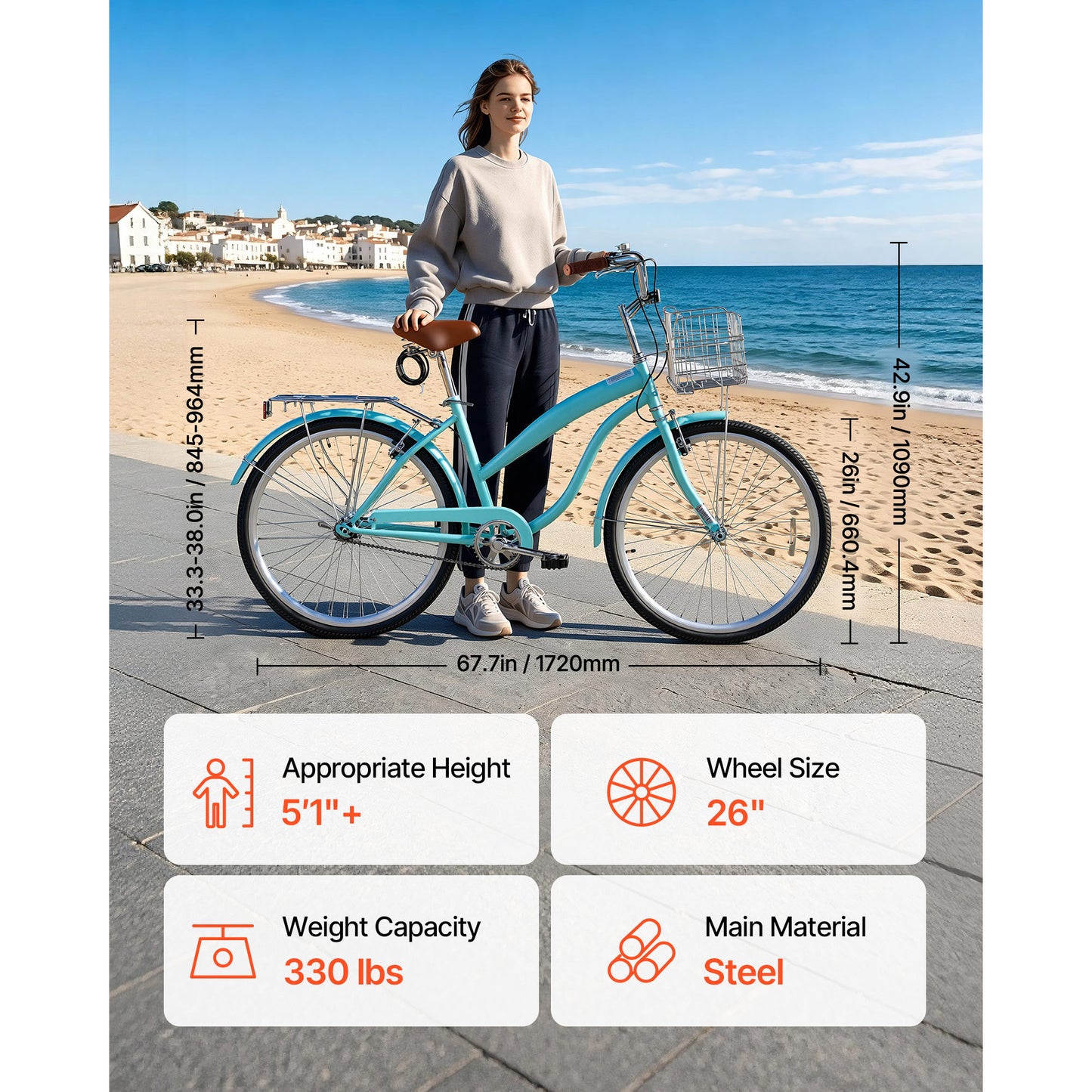 Women’s 26 Inch Beach Cruiser Bike - Single-Speed City Bicycle with Steel Frame, Basket & Rear Rack