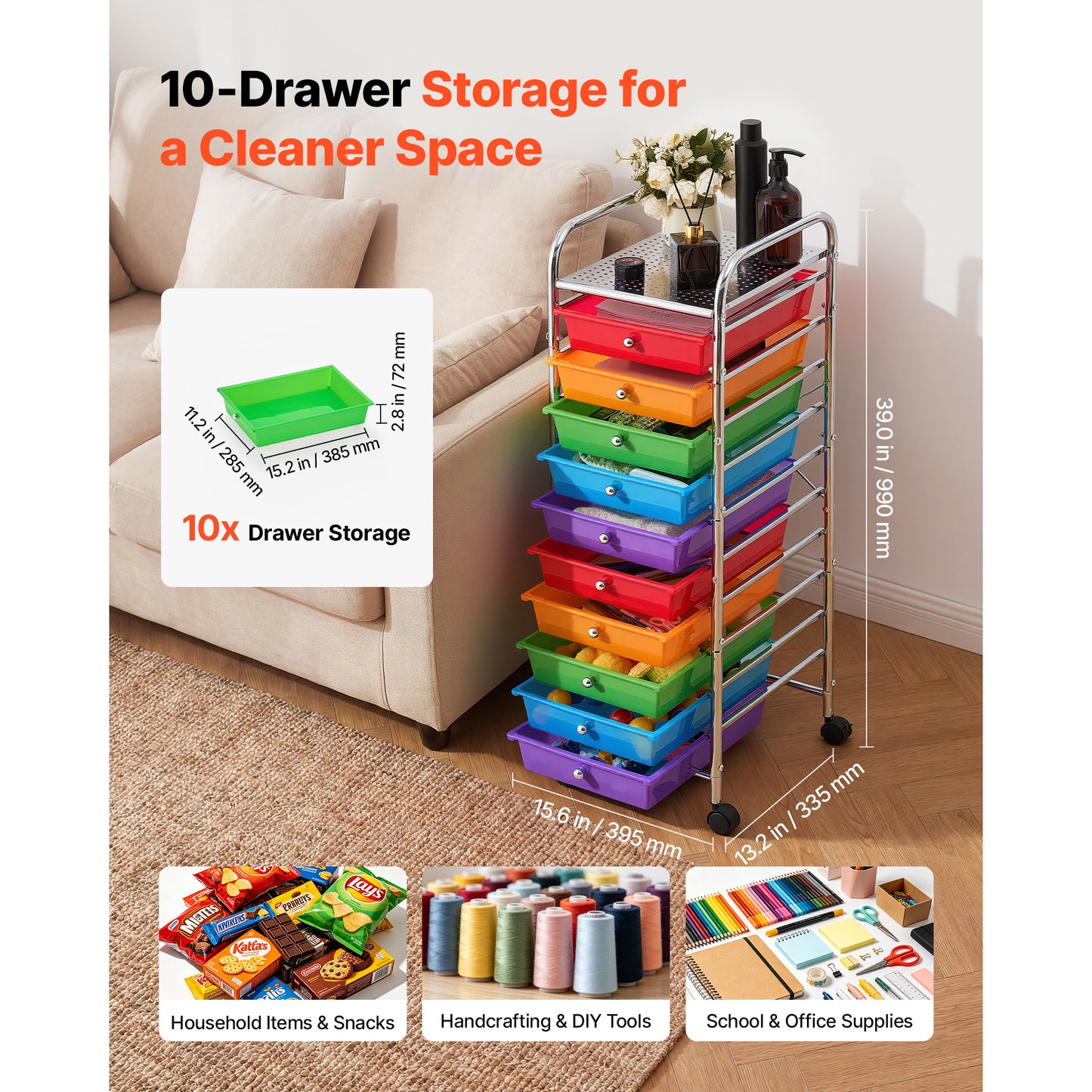 Rolling Cart with Drawers - 10-Drawer Mobile Storage Organizer for Office Garage