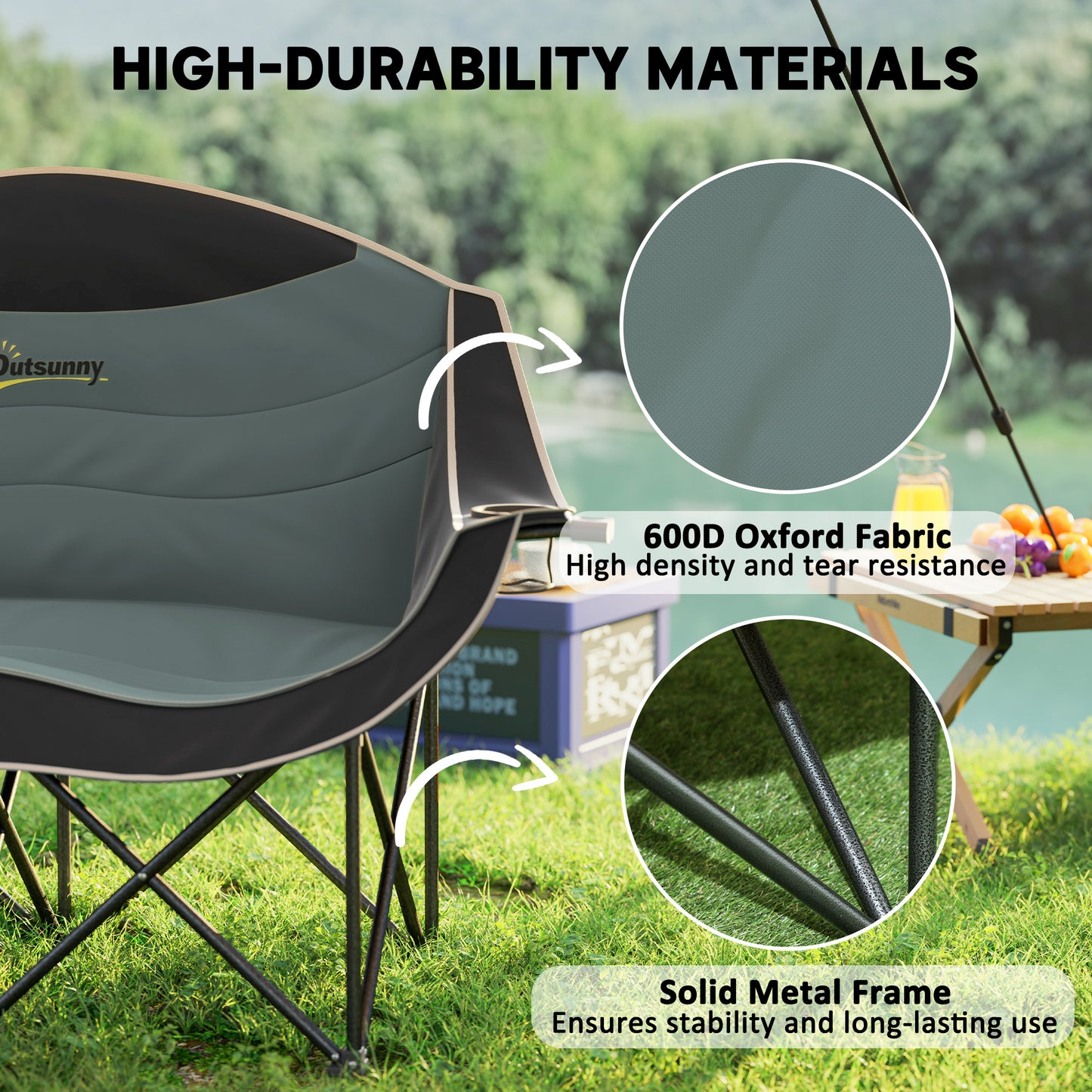 Double Padded Camping Chair with Armrests and Cup Holders - Black