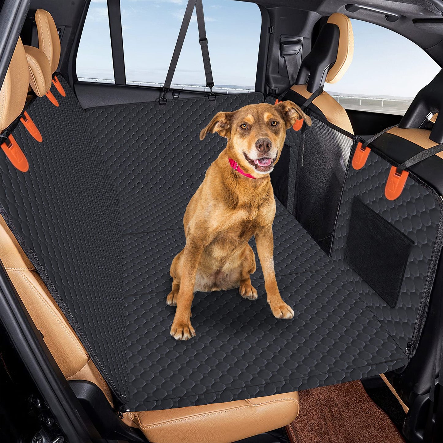 Waterproof Dog Car Seat Cover with Mesh Window & Storage Bags - Universal Fit