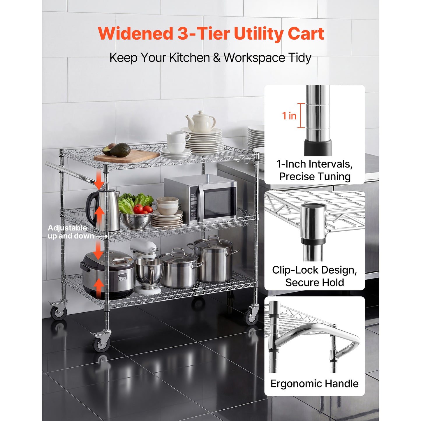Heavy Duty Kitchen Utility Cart with 3 Tiers and Wheels - Garage & Laundry Storage