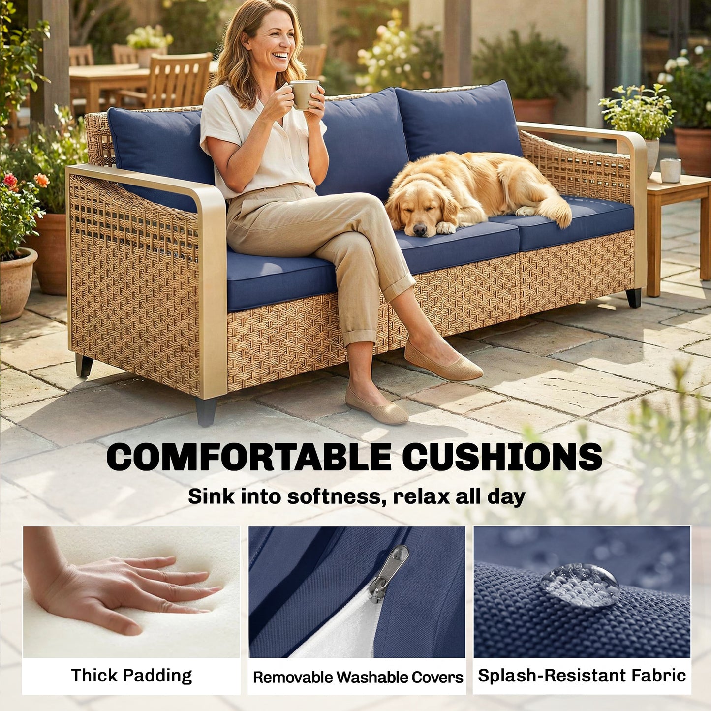 Outdoor Rattan Wicker Sofa 3-Seater with Cushions - Dark Blue