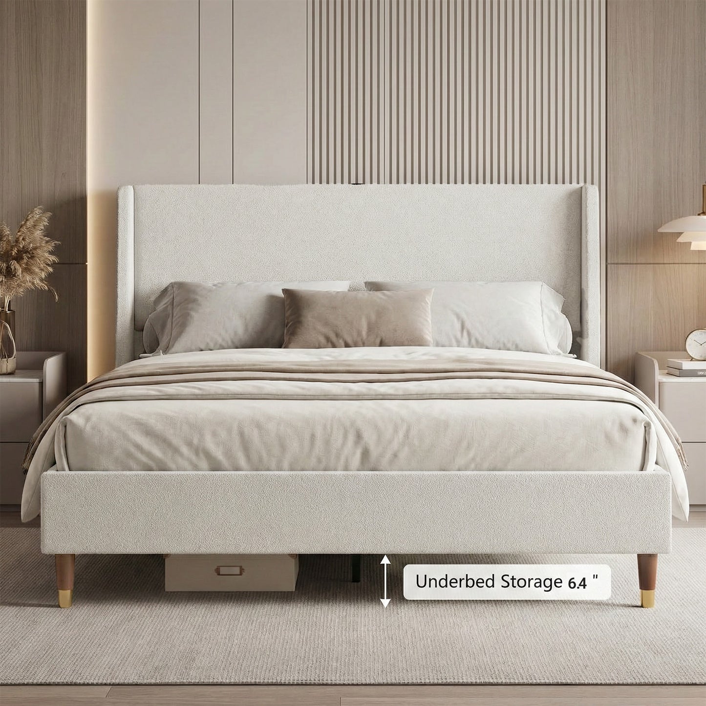 Queen Size Upholstered Bed Frame with USB Ports - Grey