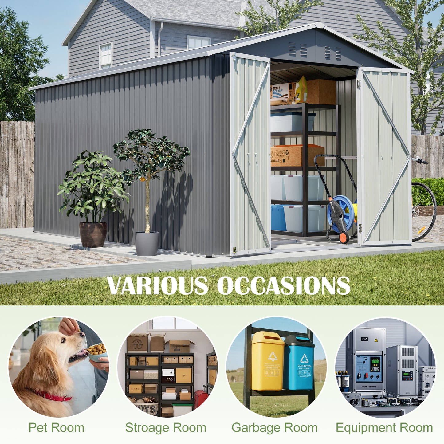8x12 FT Metal Storage Shed with Side Door - Grey Outdoor Tool Shed