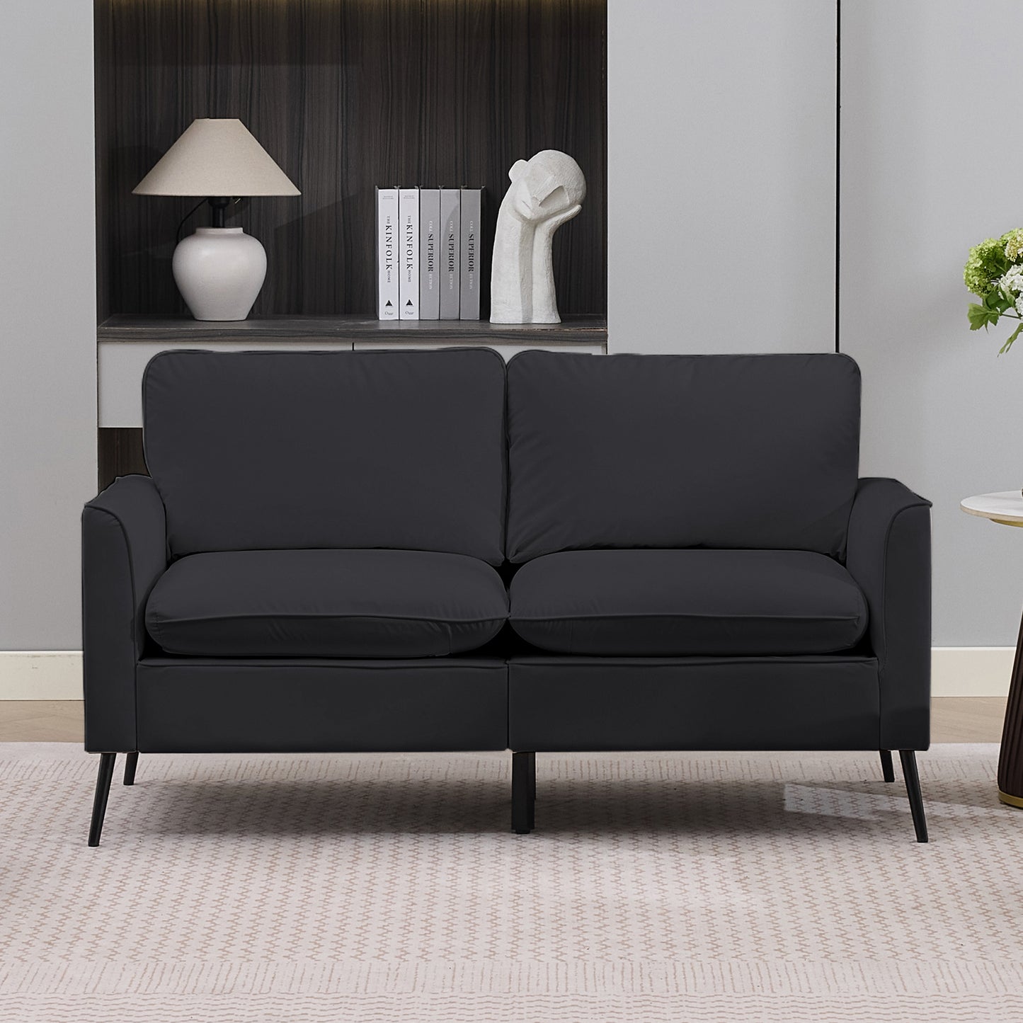 Black Faux Leather Loveseat Sofa - Nordic Retro Design