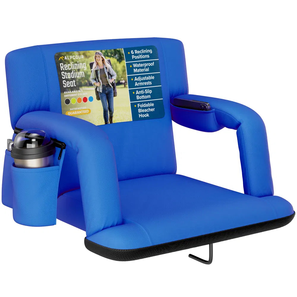 Reclining Stadium Seat - Waterproof Foldable Camping Chair with Armrests & Adjustable Positions