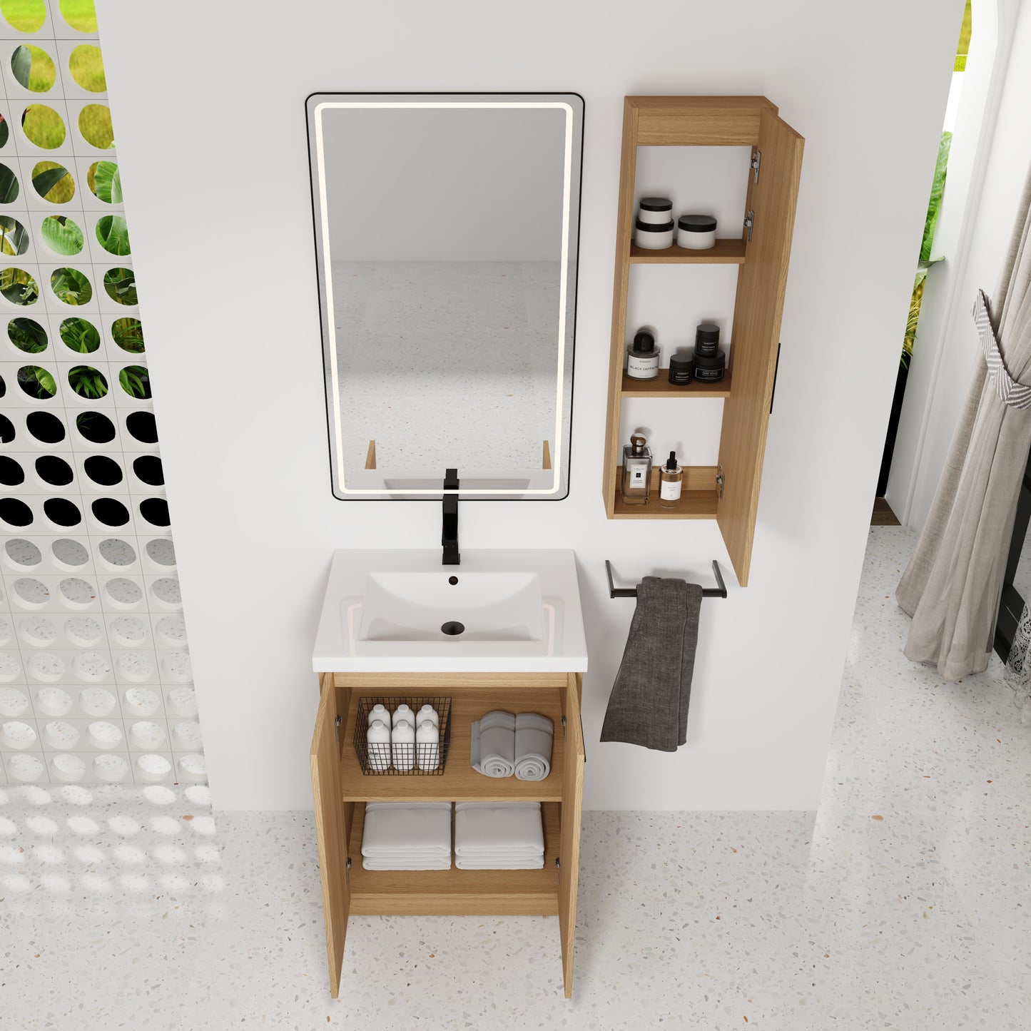 24" Freestanding Bathroom Vanity Set with Linen Cabinet - Light Oak