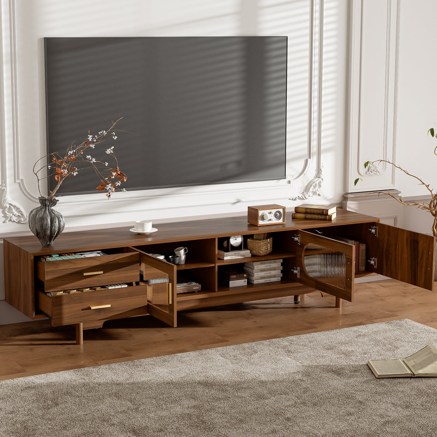Modern 78-Inch TV Stand for TVs Up to 85" with Glass Doors & Drawers - Walnut