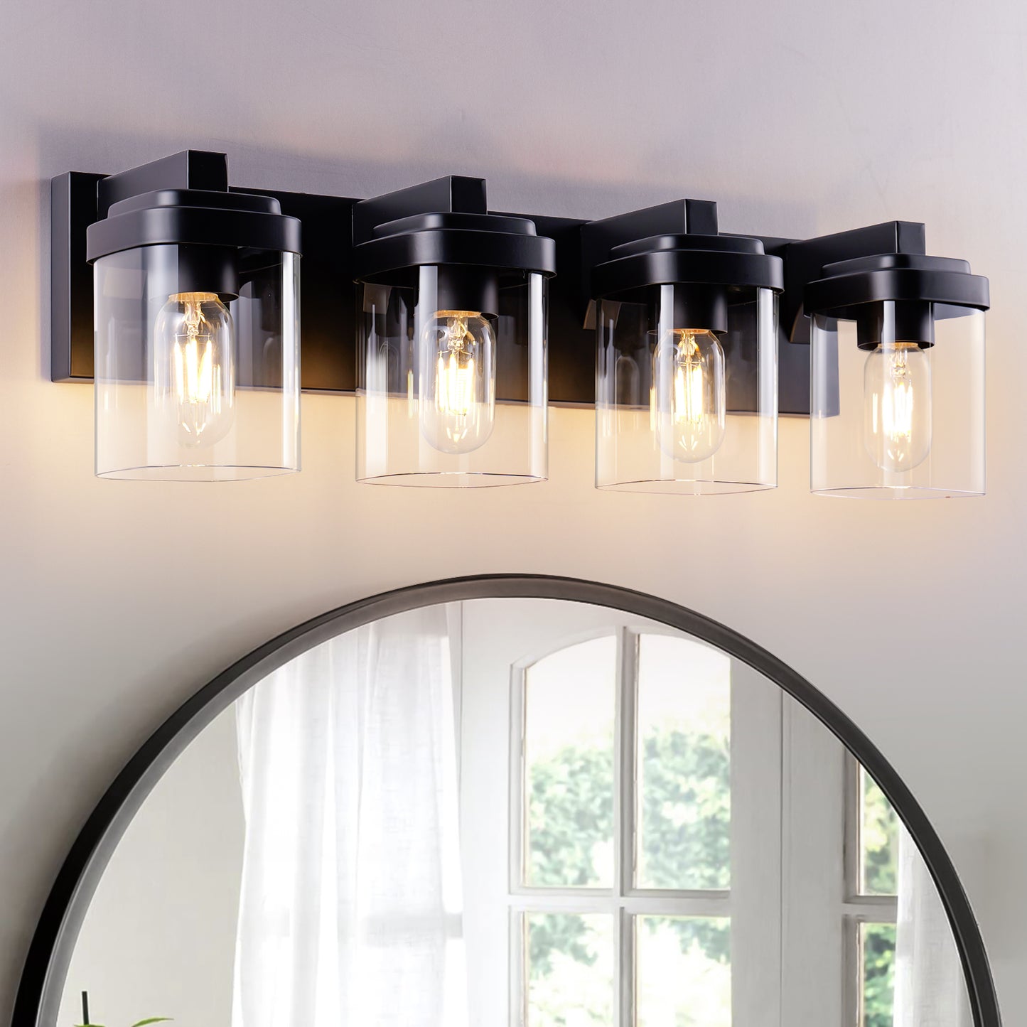 4-Light Matte Black Bathroom Vanity Light Fixture with Clear Glass Shades - Over Mirror Wall Sconce, NO BULBS