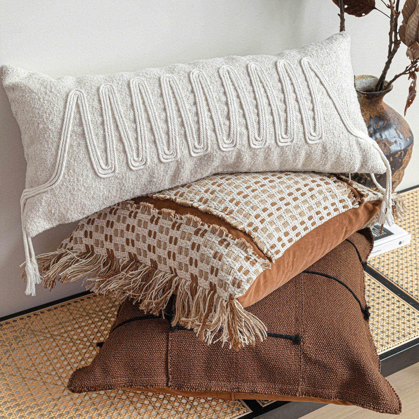 Handmade Patchwork Throw Pillow Set - Woven, Cotton & Linen Cushions for Sofa & Villa Decor