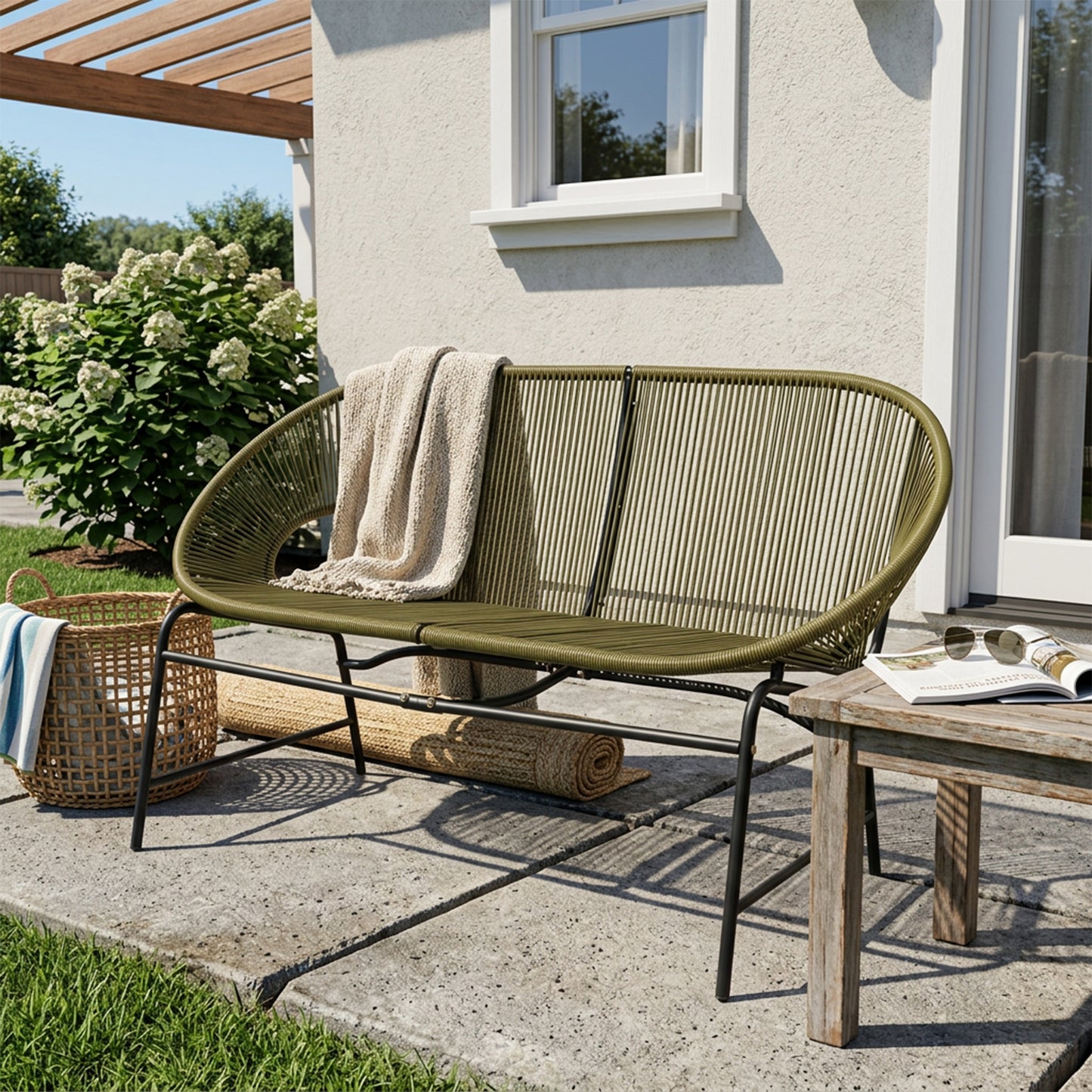Condessa Outdoor Wicker Love Seat - Green PE Rattan & Iron Frame