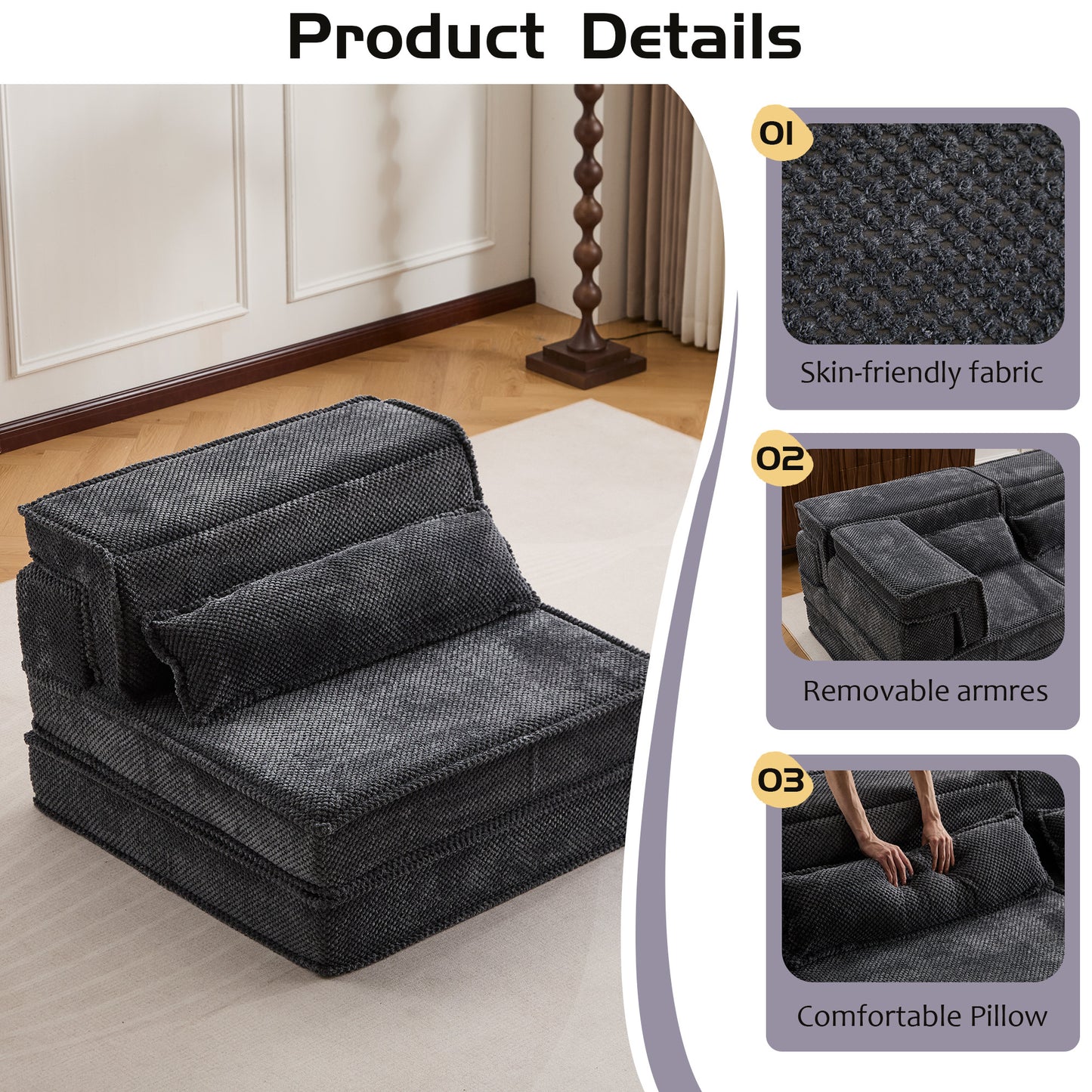 Convertible Floor Sofa Bed - Oversized Single Sofa in Dark Grey