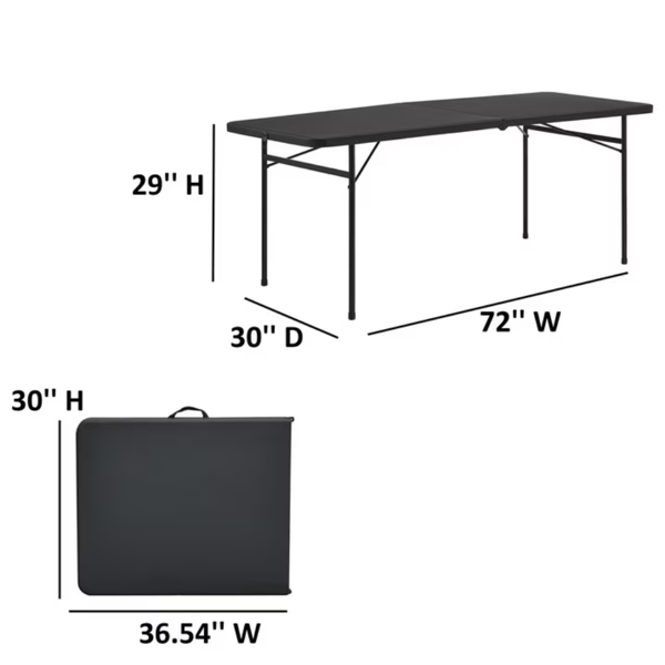 6 Foot Folding Table - Bi-Fold Plastic, Black - Seats 8