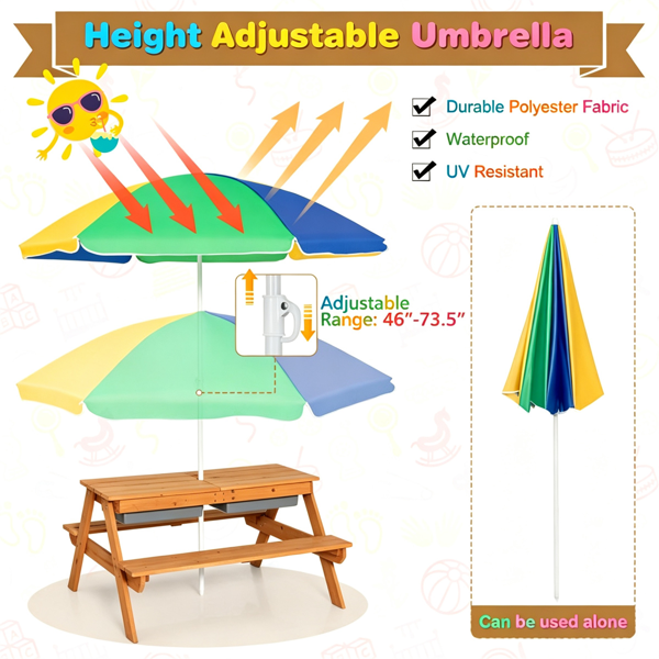 Kids Picnic Table with Adjustable Umbrella - 3-in-1 Sand & Water Play Set