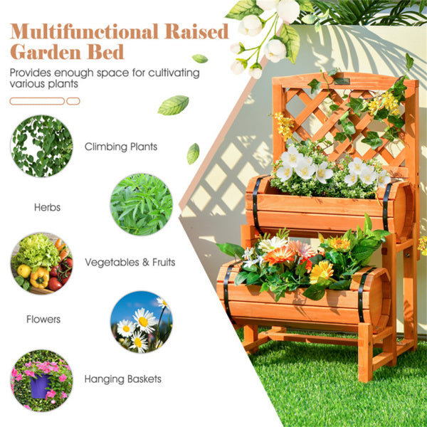 2-Tier Fir Wood Raised Garden Bed with Trellis - Outdoor Planter Box