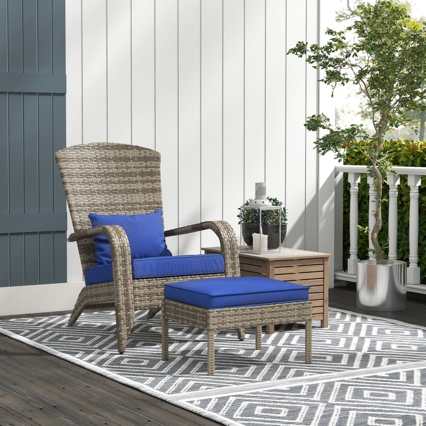 Wicker Adirondack Chair with Ottoman & Cushions - Blue