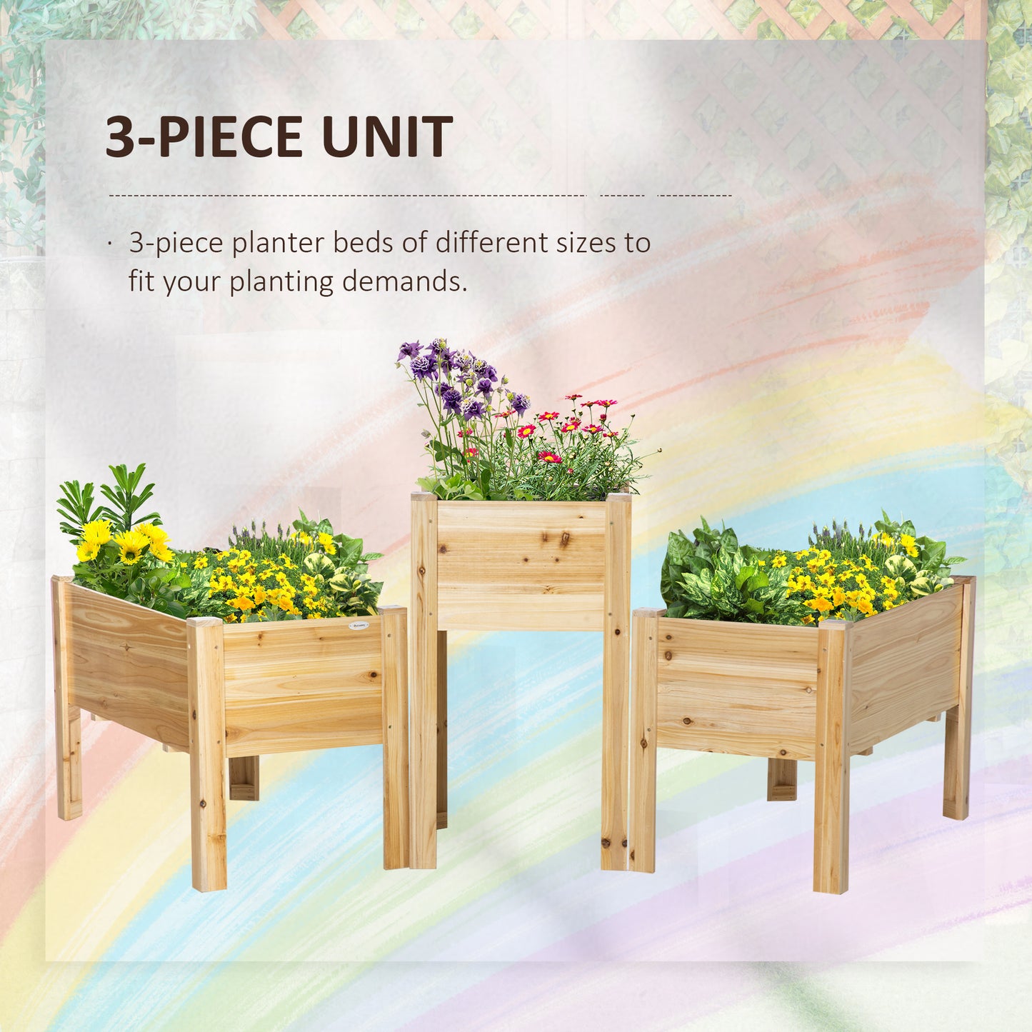 Raised Garden Bed Set of 3 - Wooden Elevated Planter Boxes for Vegetable, Herb & Flower Gardening